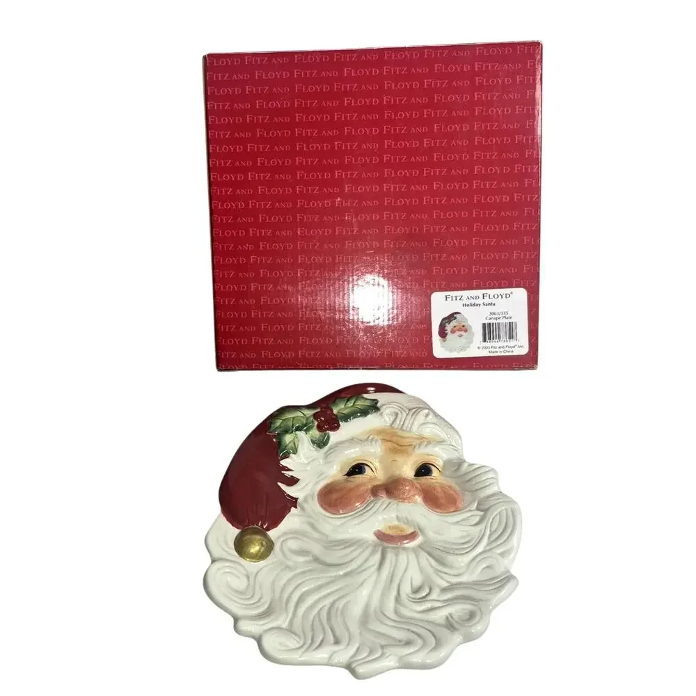 Vintage 2003 Fitz & Floyd Ceramic Holiday 3D Santa Cookie Plate Original Box